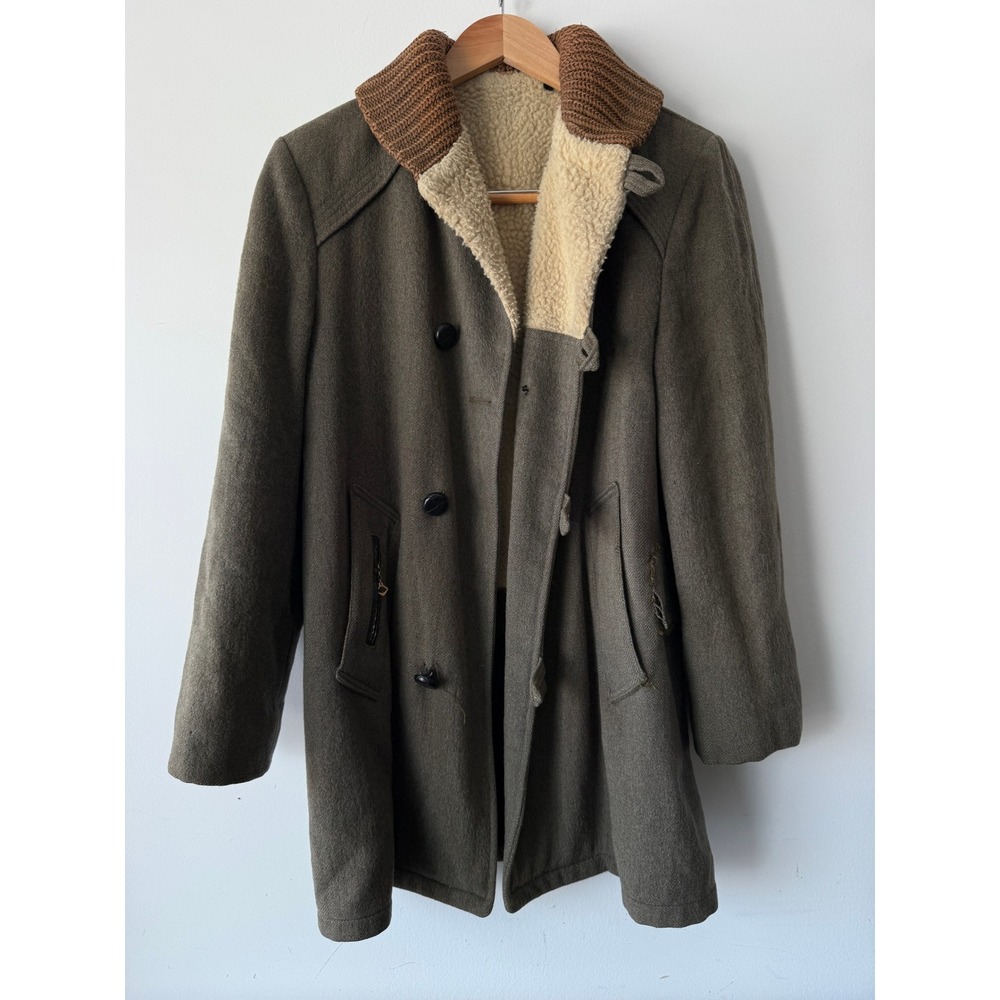 Vintage 1950s Wool Pile Lined Coat Mens Small 36 38 Shawl Knit Collar Plaid READ